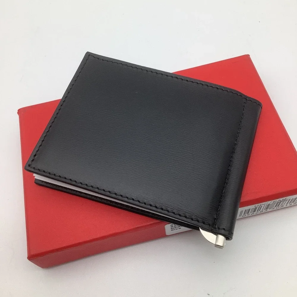 Salvatore Ferragamo Mens Nero Calf Leather Bifold Money Clip Wallet New